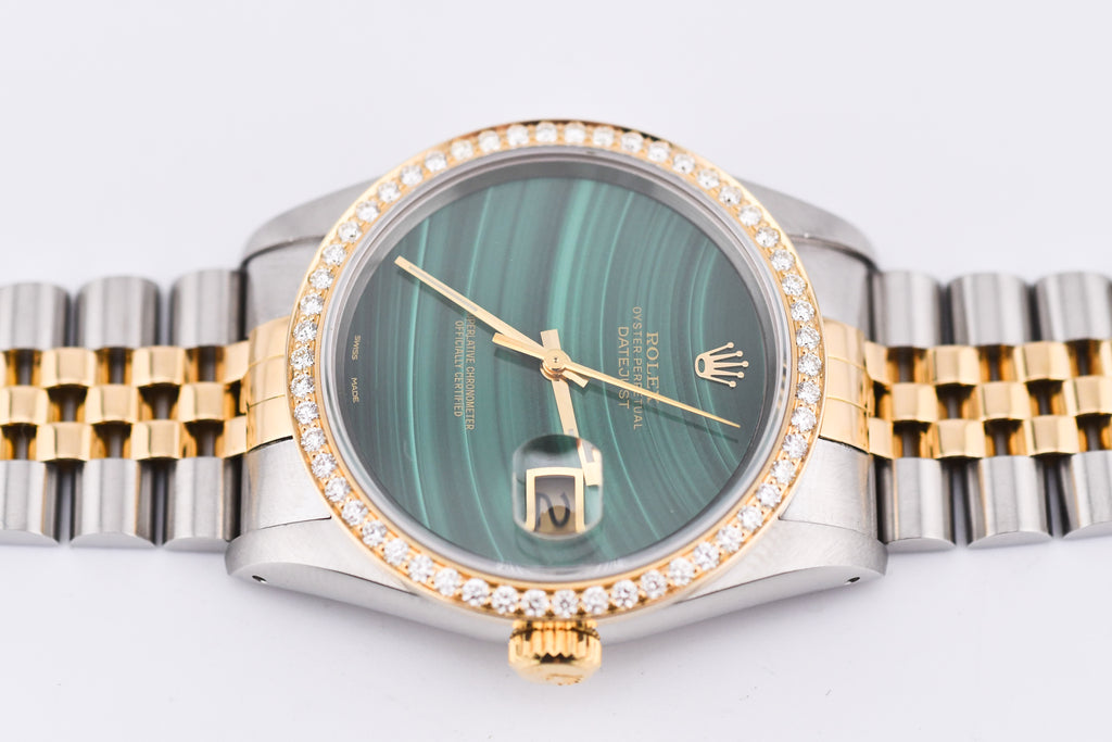 Rolex Datejust 36mm Ref 16233 Yellow Gold Diamond Bezel Custom Malachite Dial