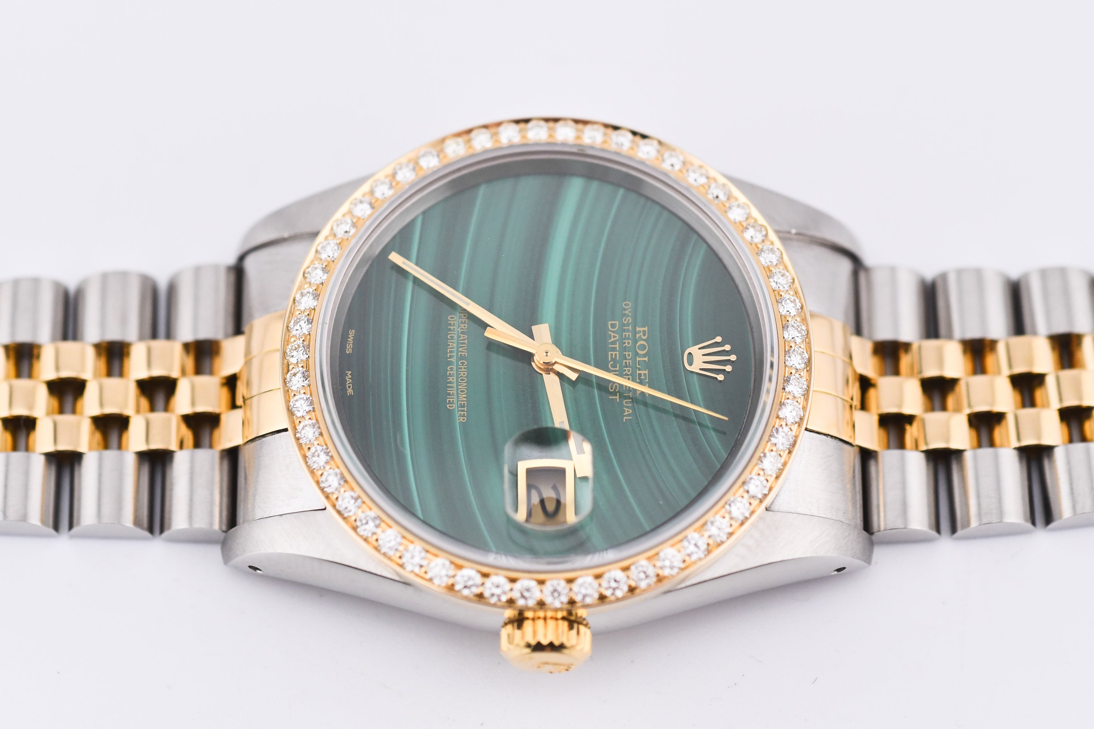 Rolex Datejust 36mm Ref 16233 Yellow Gold Diamond Bezel Custom Malachite Dial