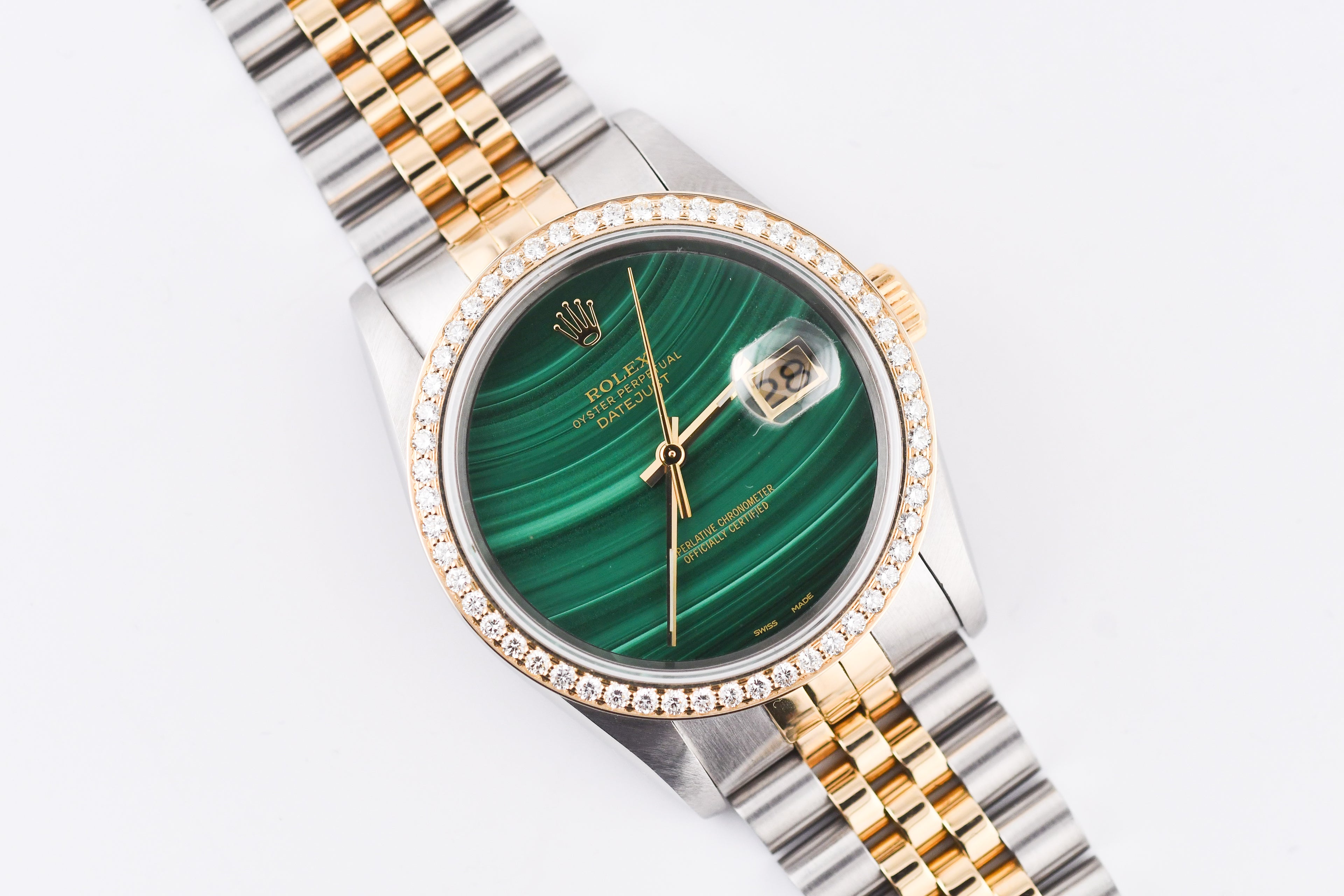 Rolex Datejust 36mm Ref 16233 Yellow Gold Diamond Bezel Custom Malachite Dial