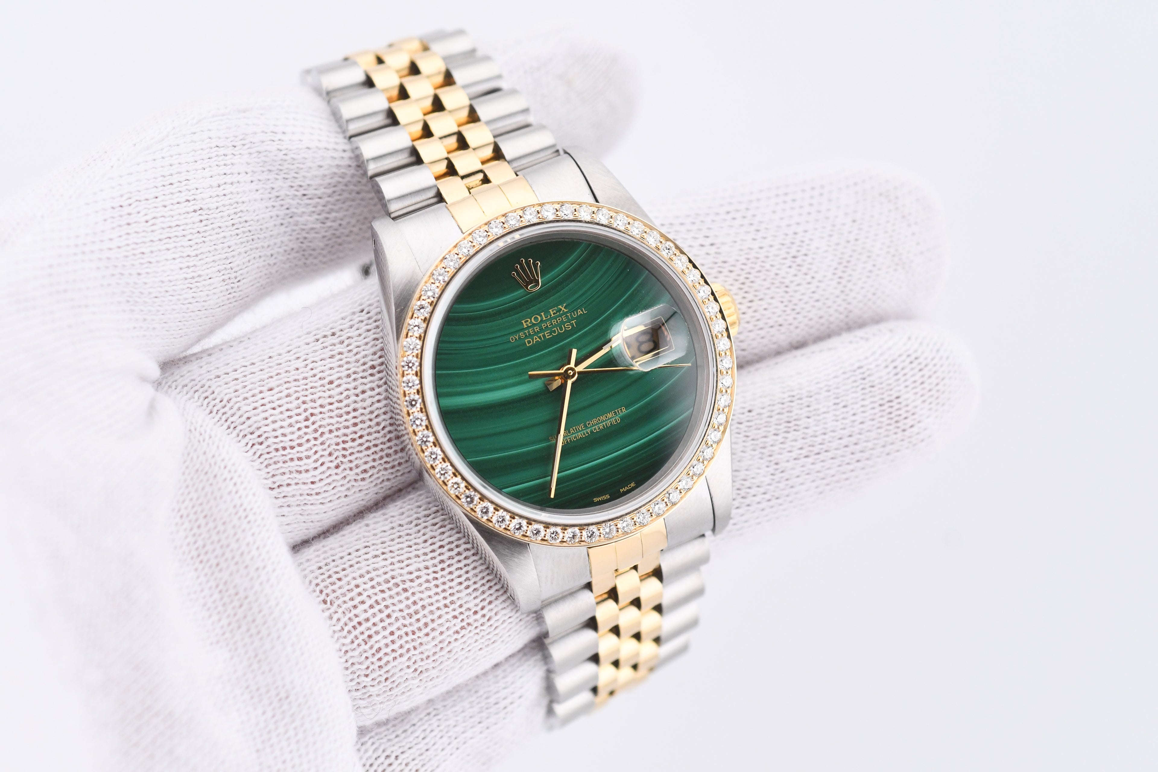 Rolex Datejust 36mm Ref 16233 Yellow Gold Diamond Bezel Custom Malachite Dial
