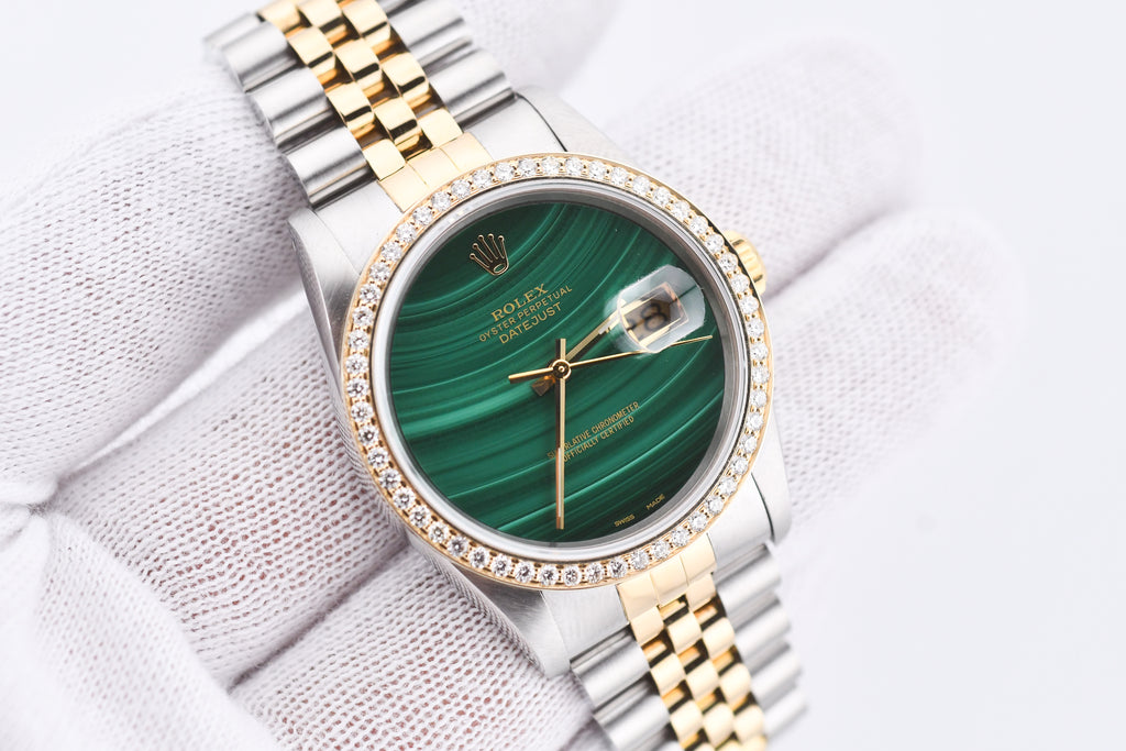 Rolex Datejust 36mm Ref 16233 Yellow Gold Diamond Bezel Custom Malachite Dial