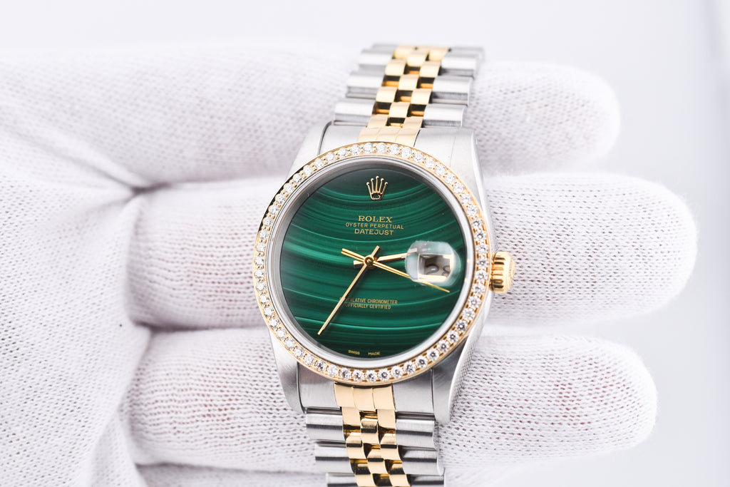 Rolex Datejust 36mm Ref 16233 Yellow Gold Diamond Bezel Custom Malachite Dial