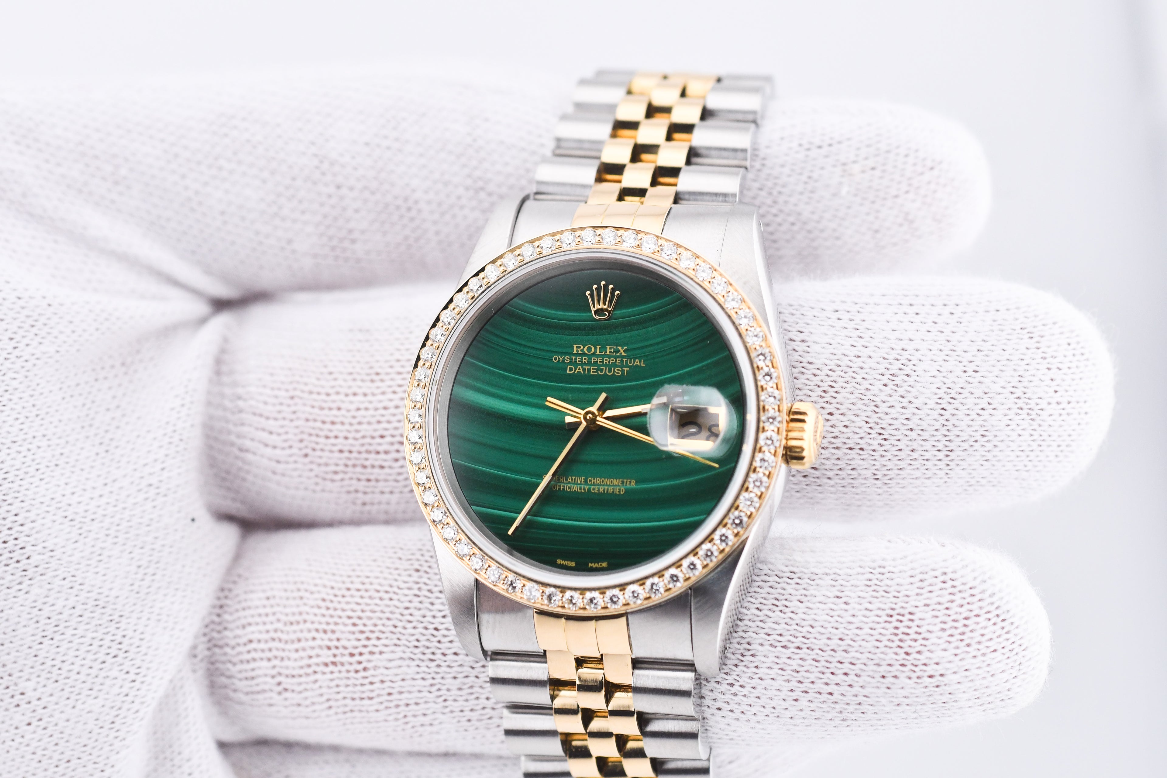 Rolex Datejust 36mm Ref 16233 Yellow Gold Diamond Bezel Custom Malachite Dial