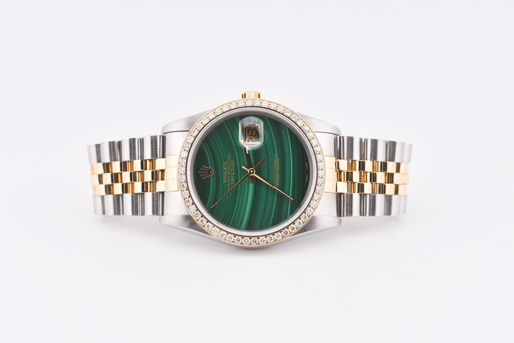 Rolex Datejust 36mm Ref 16233 Yellow Gold Diamond Bezel Custom Malachite Dial