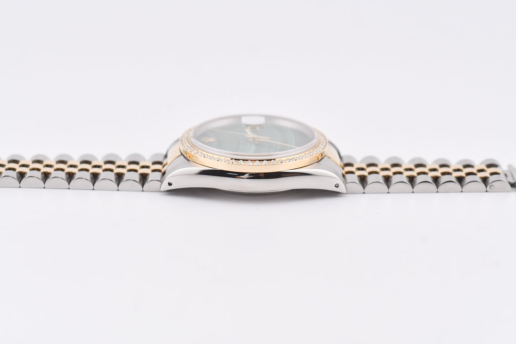 Rolex Datejust 36mm Ref 16233 Yellow Gold Diamond Bezel Custom Malachite Dial