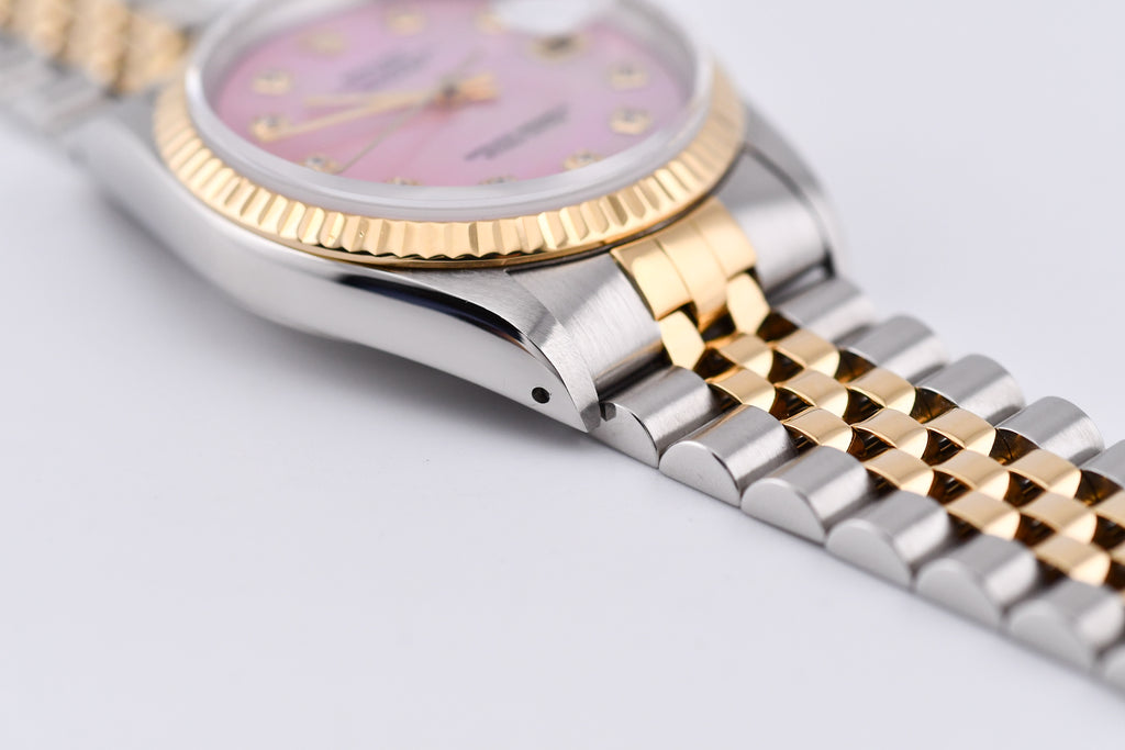 Rolex Datejust 36mm Ref 16233 Yellow Gold Bezel Custom Pink Mother of Pearl Diamond Dial
