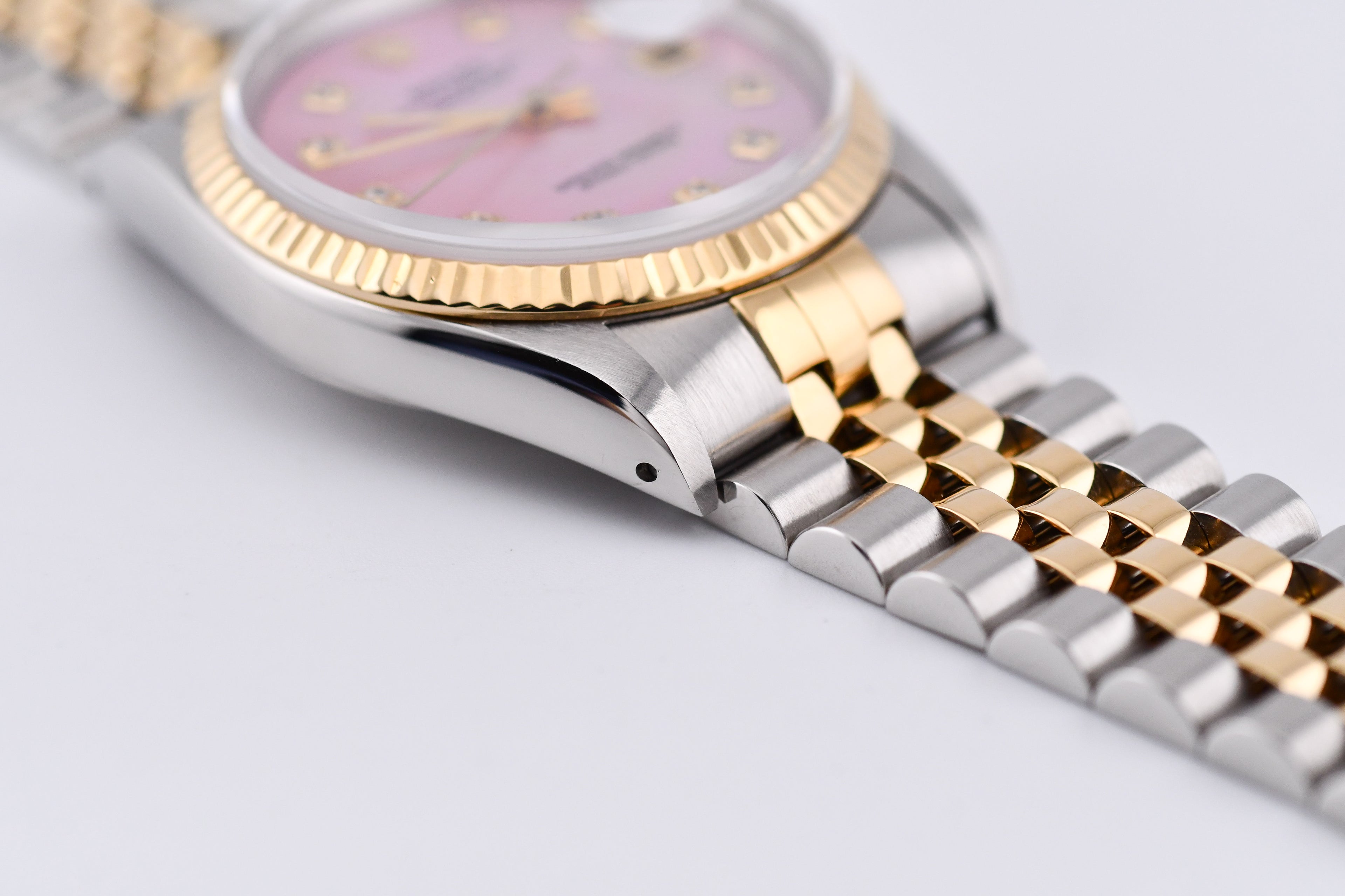 Rolex Datejust 36mm Ref 16233 Yellow Gold Bezel Custom Pink Mother of Pearl Diamond Dial
