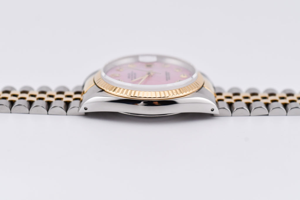Rolex Datejust 36mm Ref 16233 Yellow Gold Bezel Custom Pink Mother of Pearl Diamond Dial