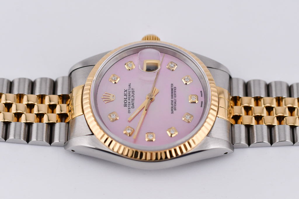 Rolex Datejust 36mm Ref 16233 Yellow Gold Bezel Custom Pink Mother of Pearl Diamond Dial