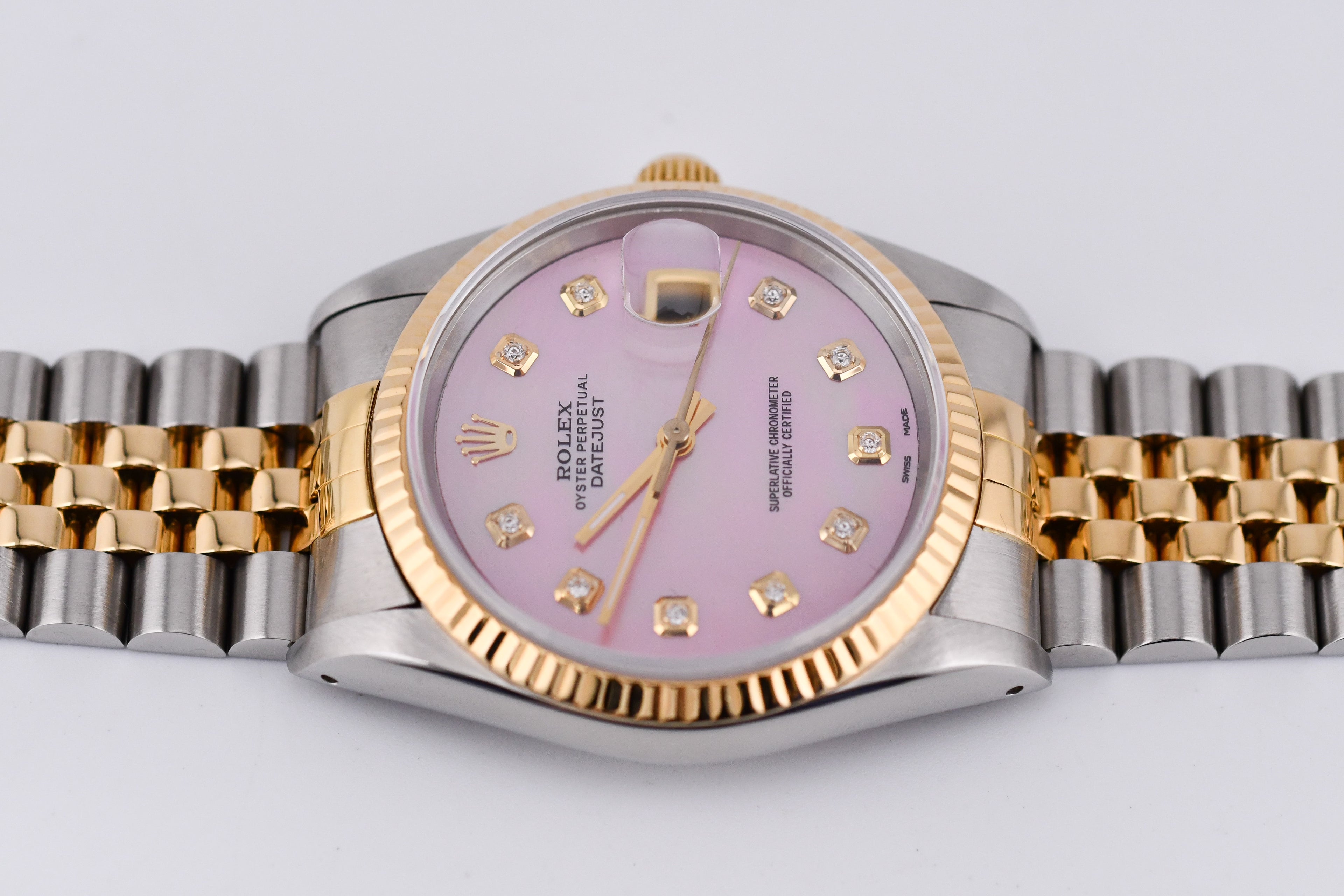 Rolex Datejust 36mm Ref 16233 Yellow Gold Bezel Custom Pink Mother of Pearl Diamond Dial