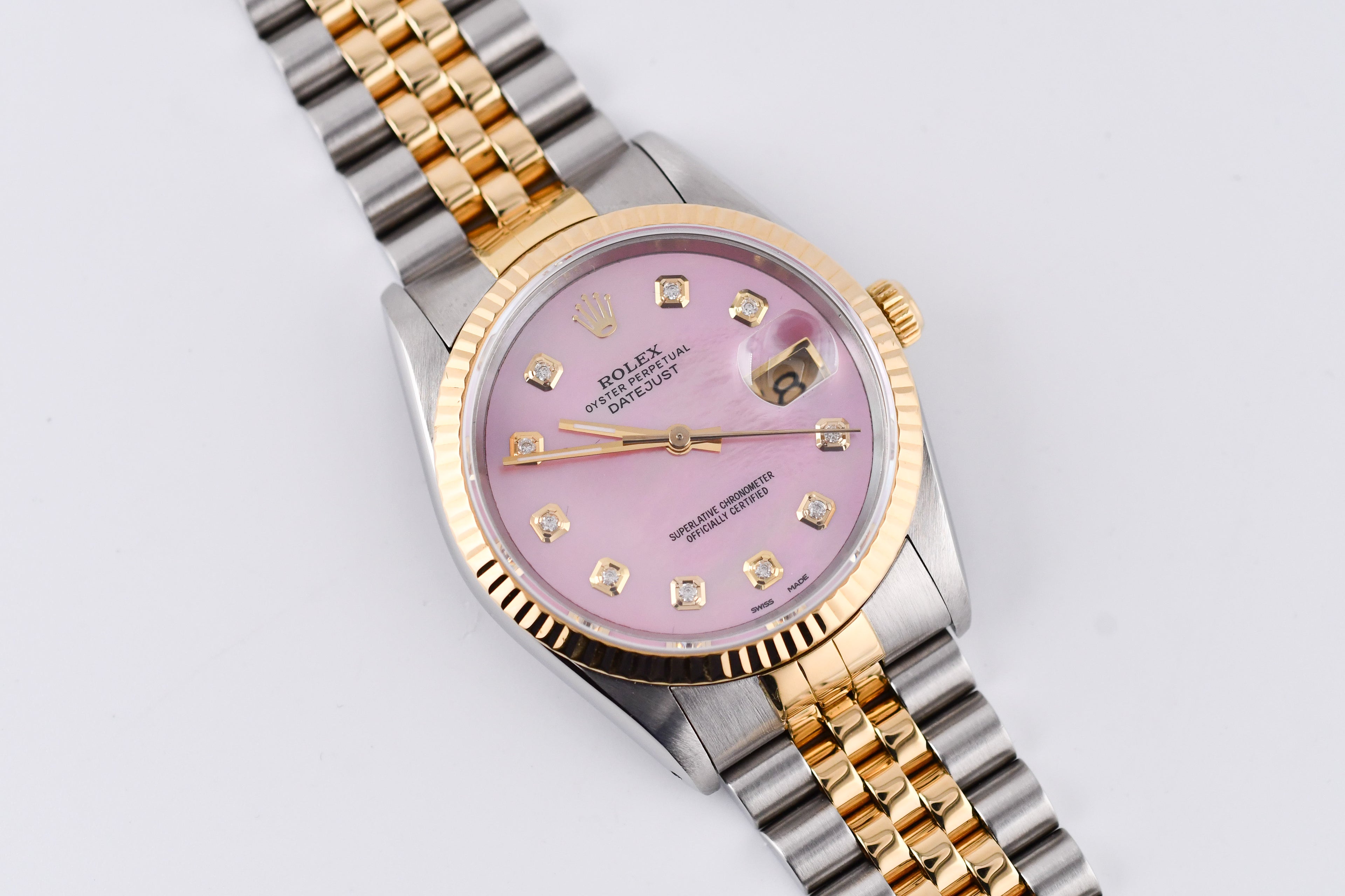 Rolex Datejust 36mm Ref 16233 Yellow Gold Bezel Custom Pink Mother of Pearl Diamond Dial