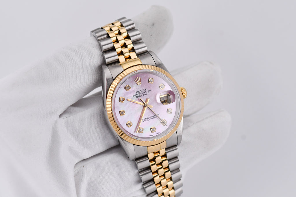 Rolex Datejust 36mm Ref 16233 Yellow Gold Bezel Custom Pink Mother of Pearl Diamond Dial