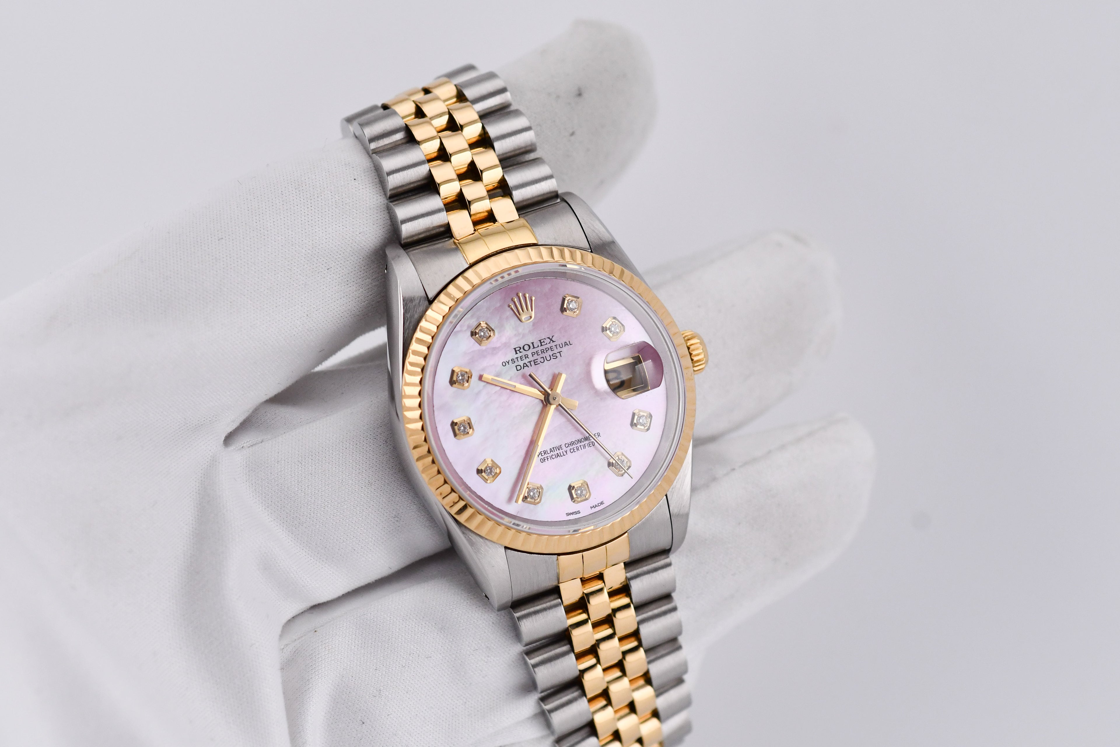 Rolex Datejust 36mm Ref 16233 Yellow Gold Bezel Custom Pink Mother of Pearl Diamond Dial