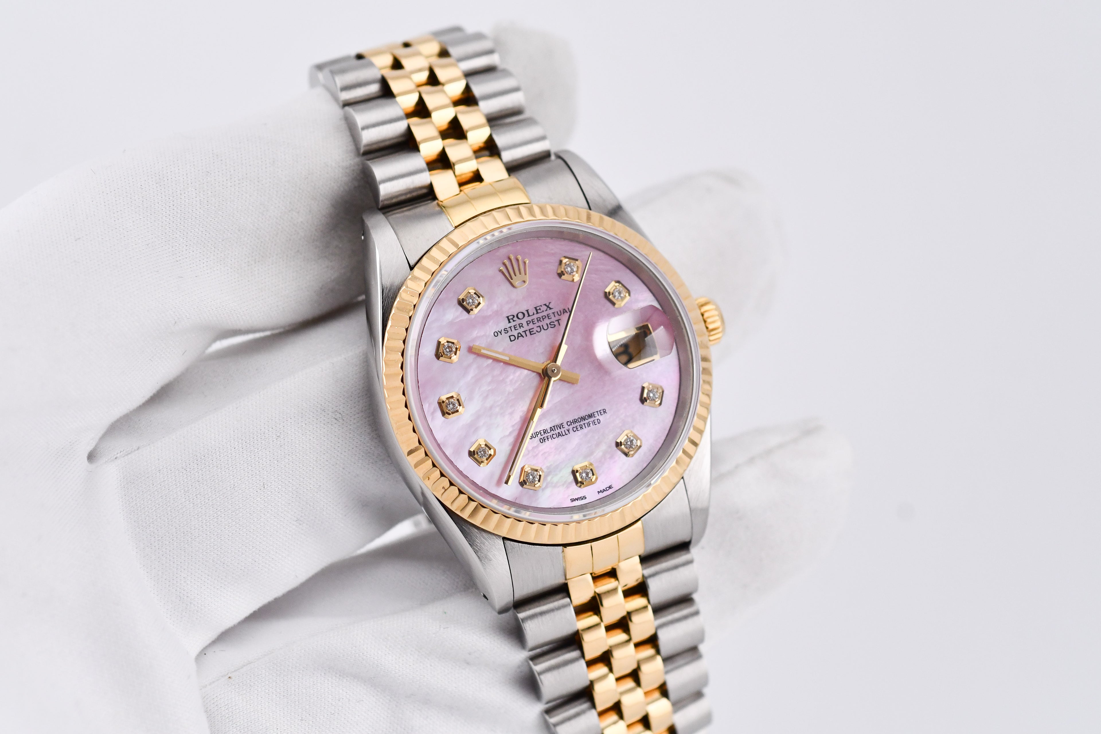 Rolex Datejust 36mm Ref 16233 Yellow Gold Bezel Custom Pink Mother of Pearl Diamond Dial