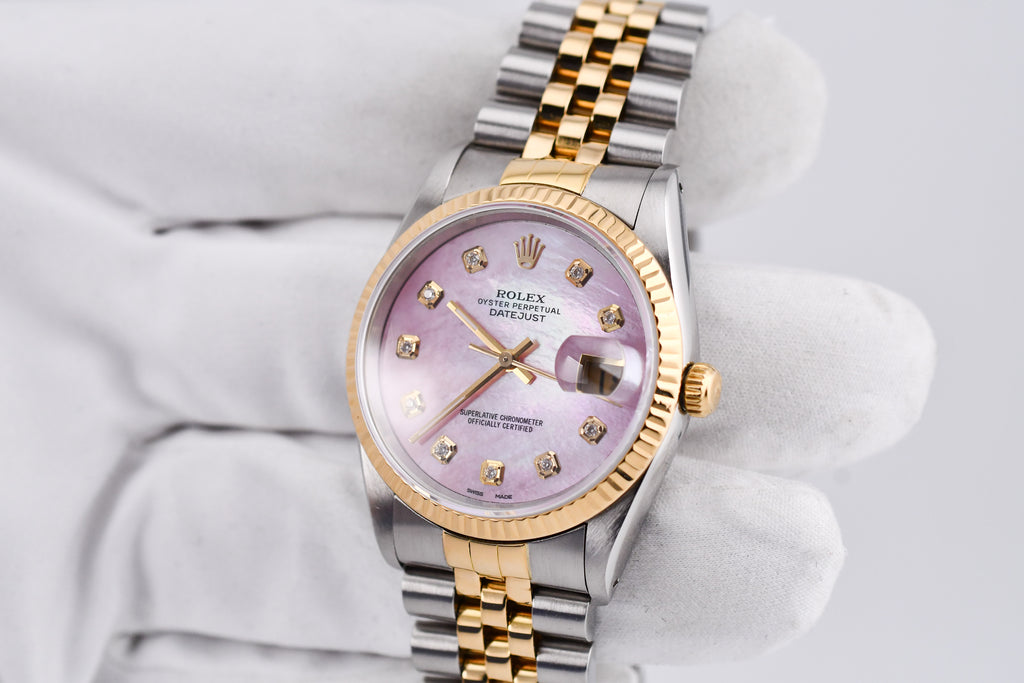 Rolex Datejust 36mm Ref 16233 Yellow Gold Bezel Custom Pink Mother of Pearl Diamond Dial