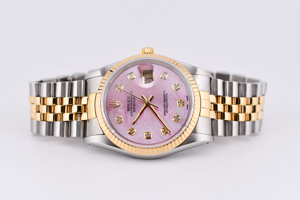Rolex Datejust 36mm Ref 16233 Yellow Gold Bezel Custom Pink Mother of Pearl Diamond Dial