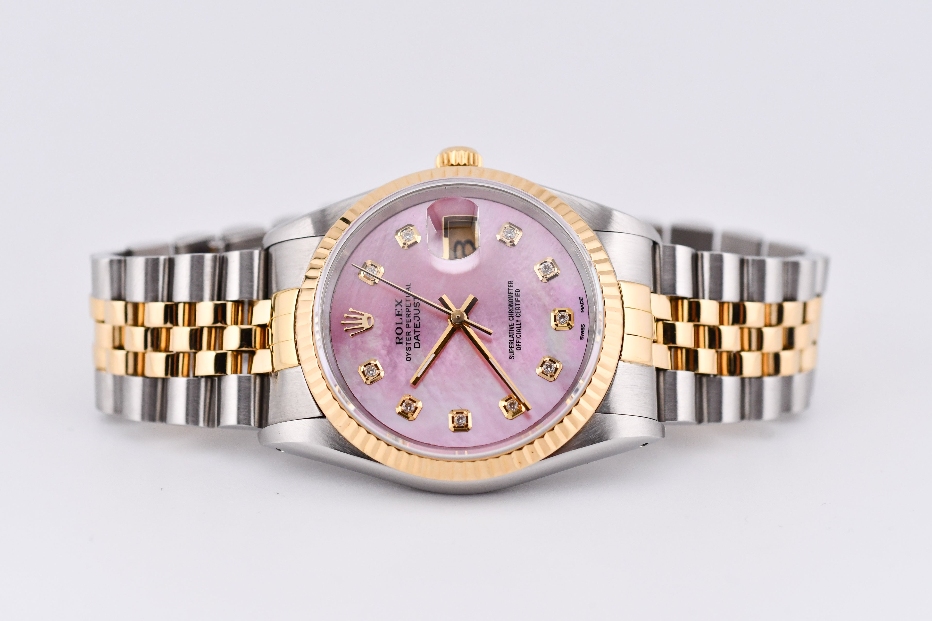 Rolex Datejust 36mm Ref 16233 Yellow Gold Bezel Custom Pink Mother of Pearl Diamond Dial