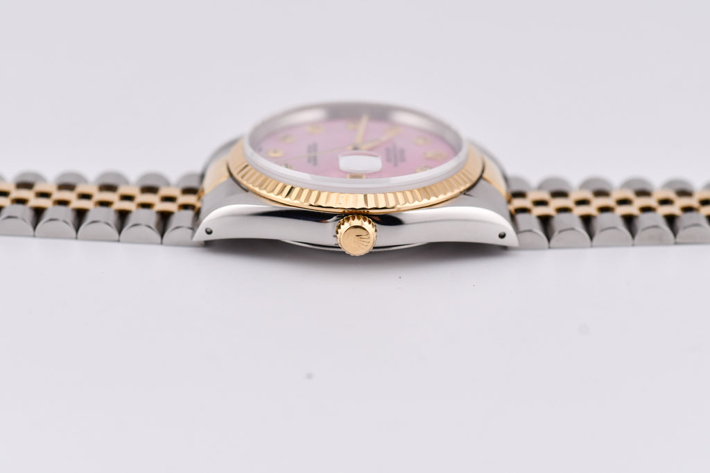 Rolex Datejust 36mm Ref 16233 Yellow Gold Bezel Custom Pink Mother of Pearl Diamond Dial