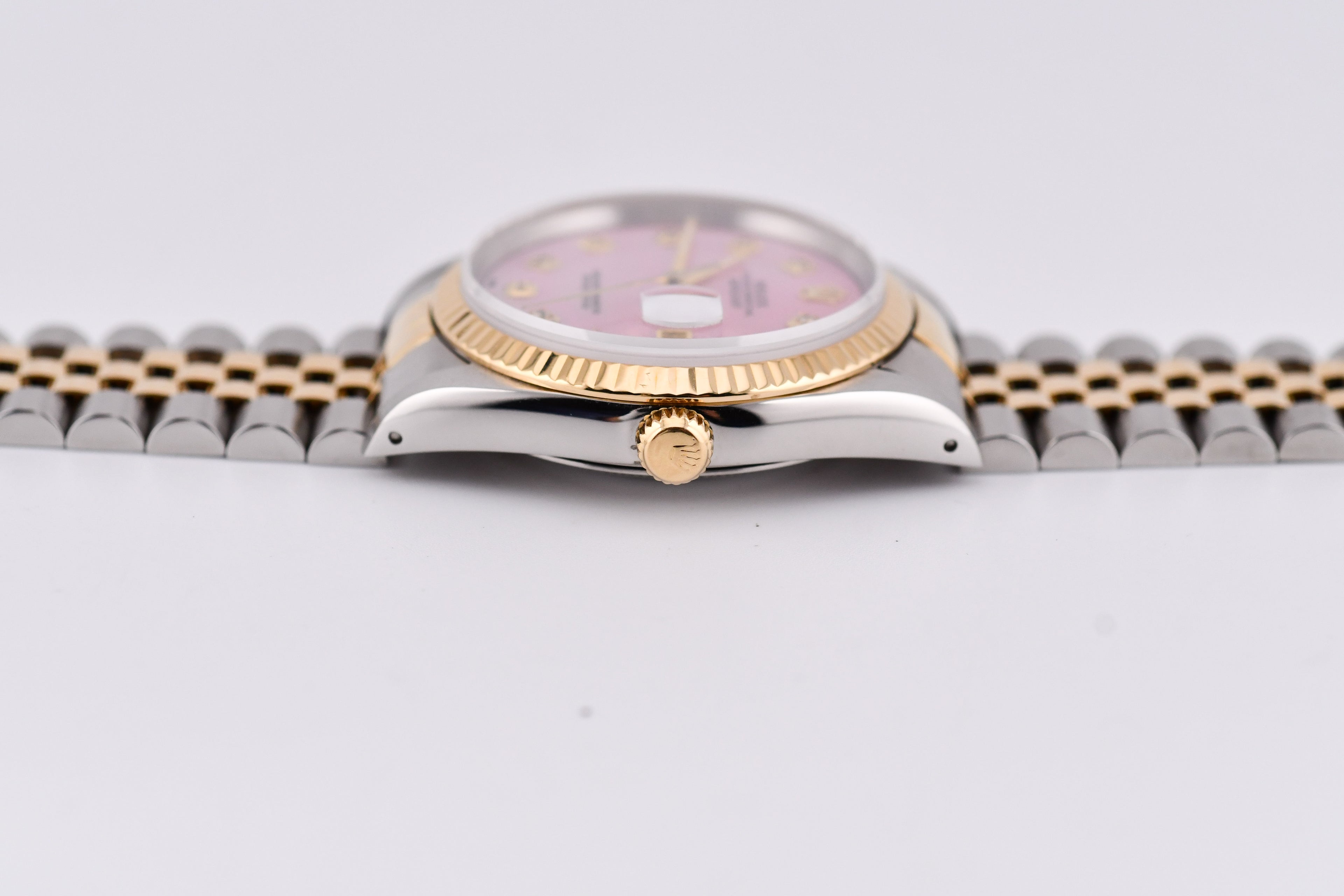 Rolex Datejust 36mm Ref 16233 Yellow Gold Bezel Custom Pink Mother of Pearl Diamond Dial