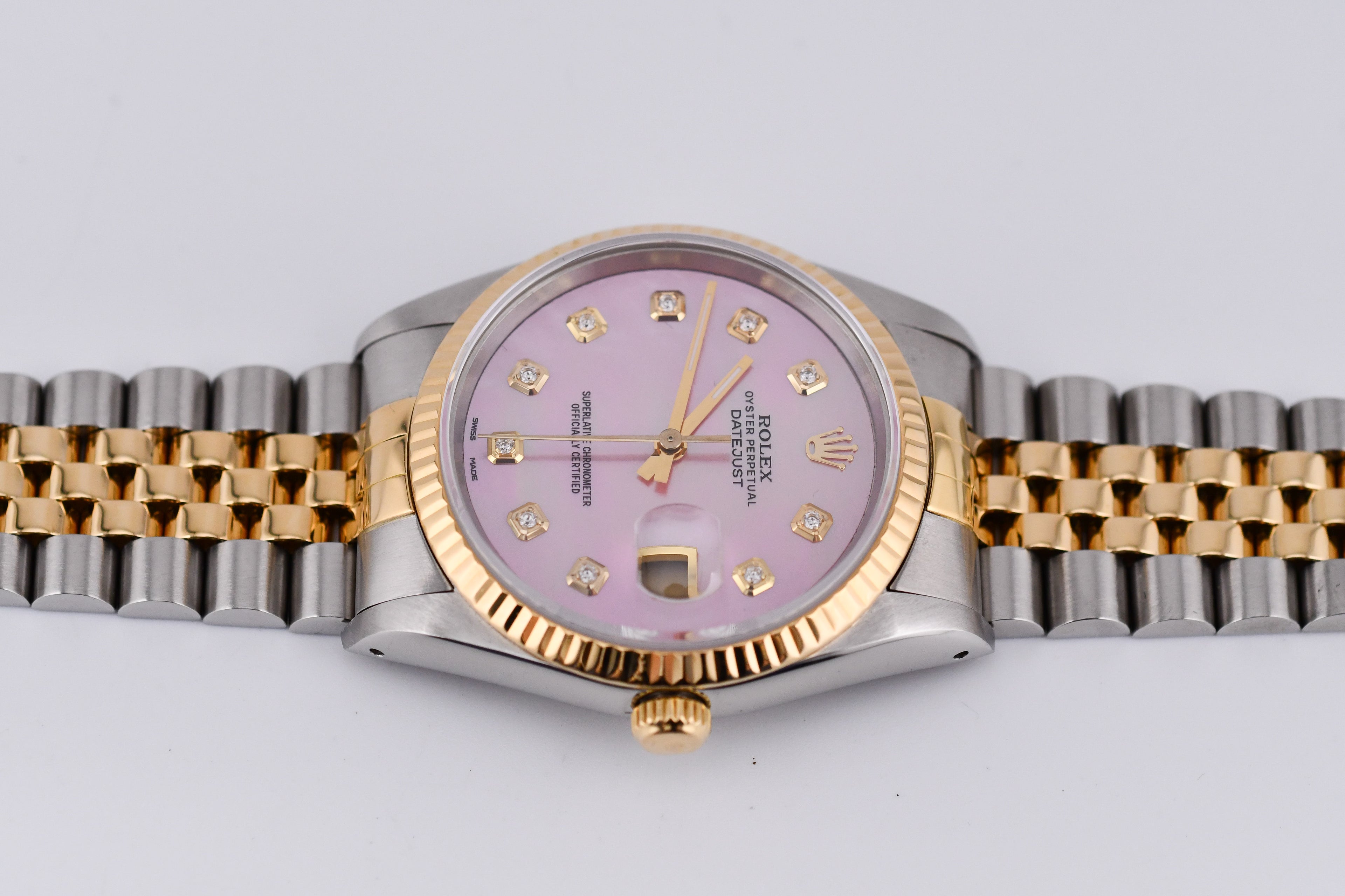 Rolex Datejust 36mm Ref 16233 Yellow Gold Bezel Custom Pink Mother of Pearl Diamond Dial