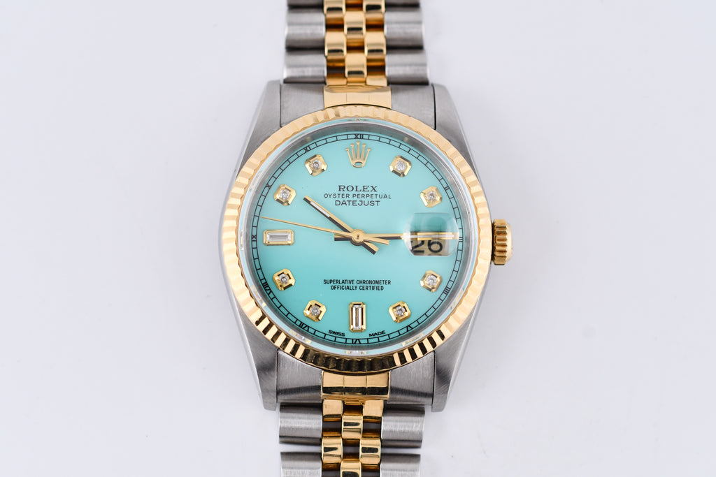 Rolex Datejust 36mm Ref 16233 Yellow Gold Bezel Custom Tiffany Baguette Diamond Dial