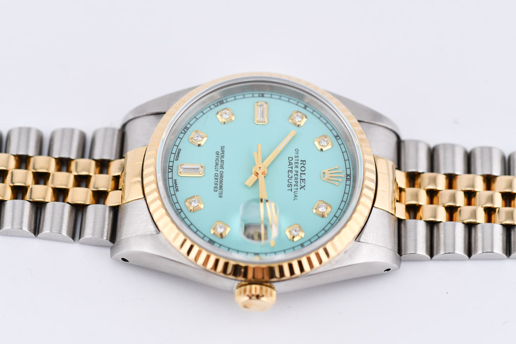 Rolex Datejust 36mm Ref 16233 Yellow Gold Bezel Custom Tiffany Baguette Diamond Dial