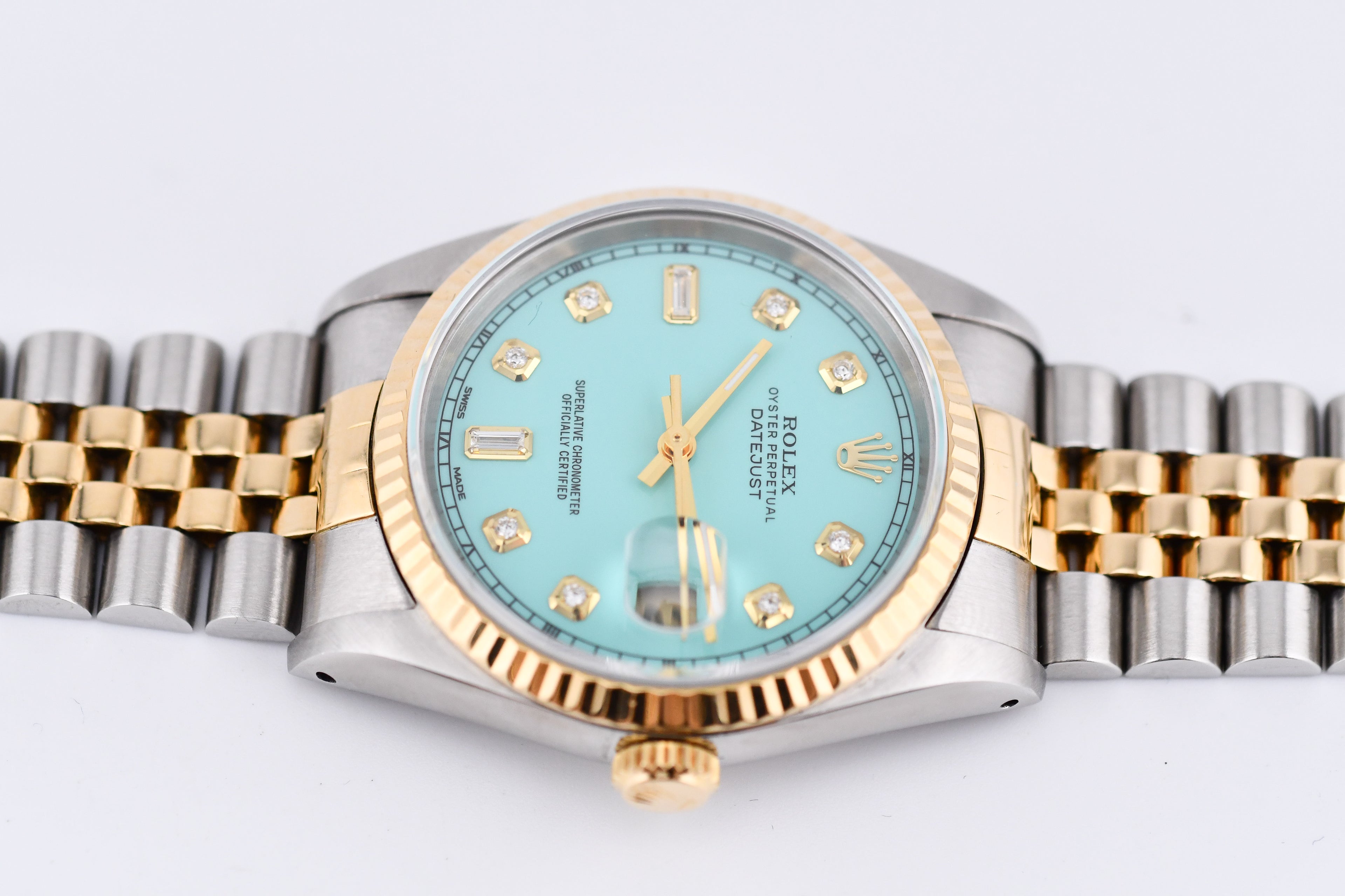 Rolex Datejust 36mm Ref 16233 Yellow Gold Bezel Custom Tiffany Baguette Diamond Dial