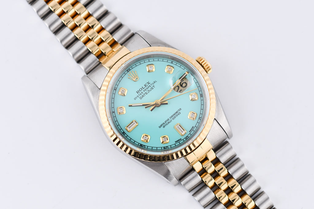 Rolex Datejust 36mm Ref 16233 Yellow Gold Bezel Custom Tiffany Baguette Diamond Dial