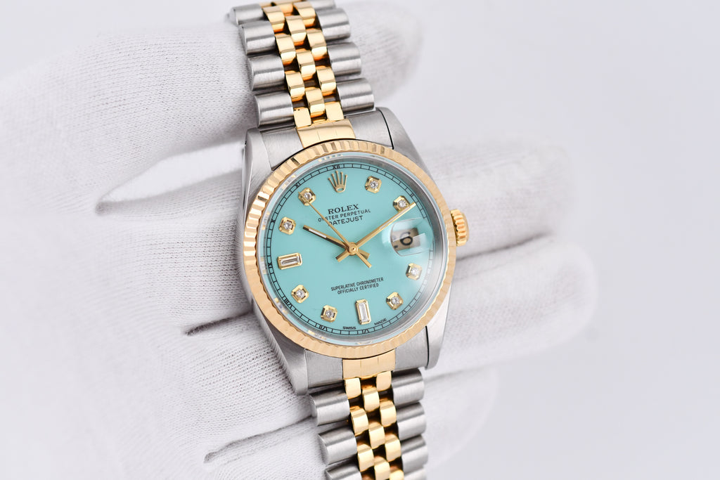 Rolex Datejust 36mm Ref 16233 Yellow Gold Bezel Custom Tiffany Baguette Diamond Dial