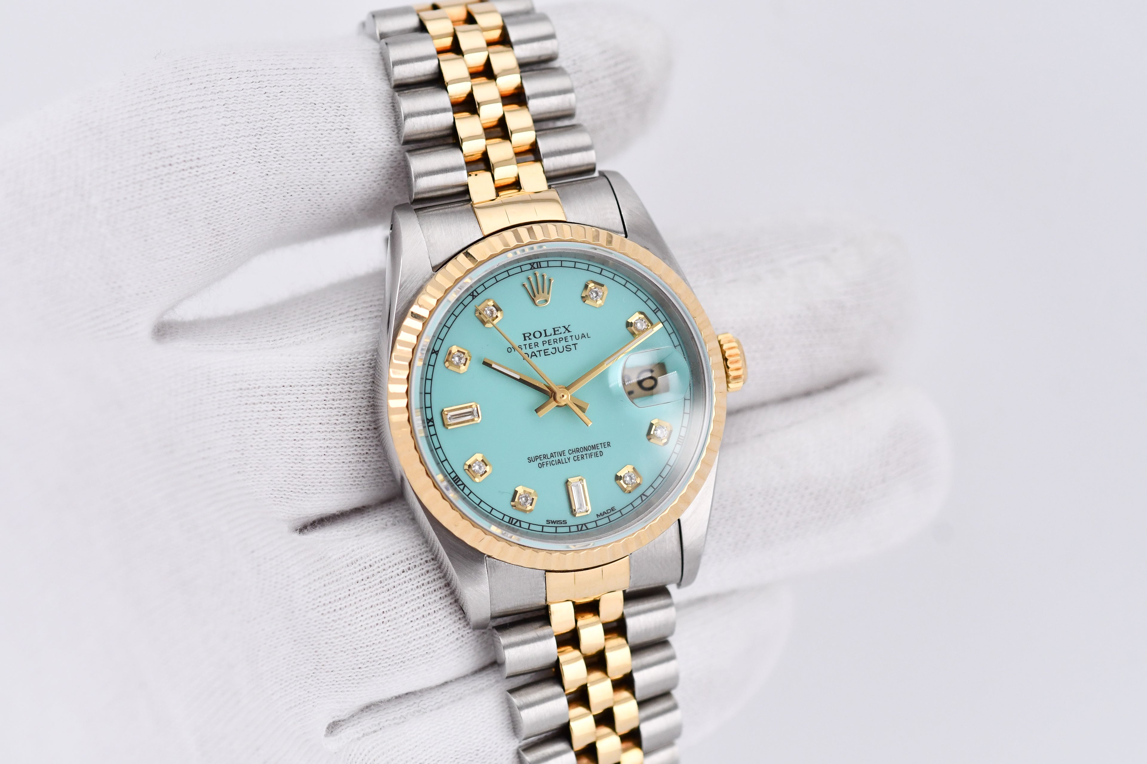 Rolex Datejust 36mm Ref 16233 Yellow Gold Bezel Custom Tiffany Baguette Diamond Dial