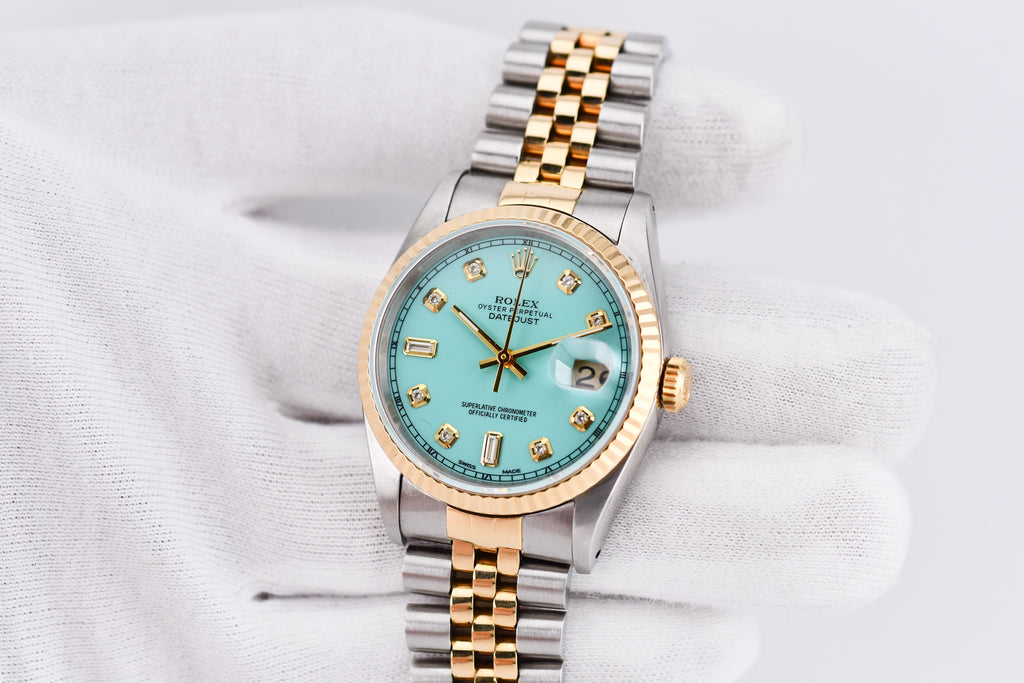 Rolex Datejust 36mm Ref 16233 Yellow Gold Bezel Custom Tiffany Baguette Diamond Dial