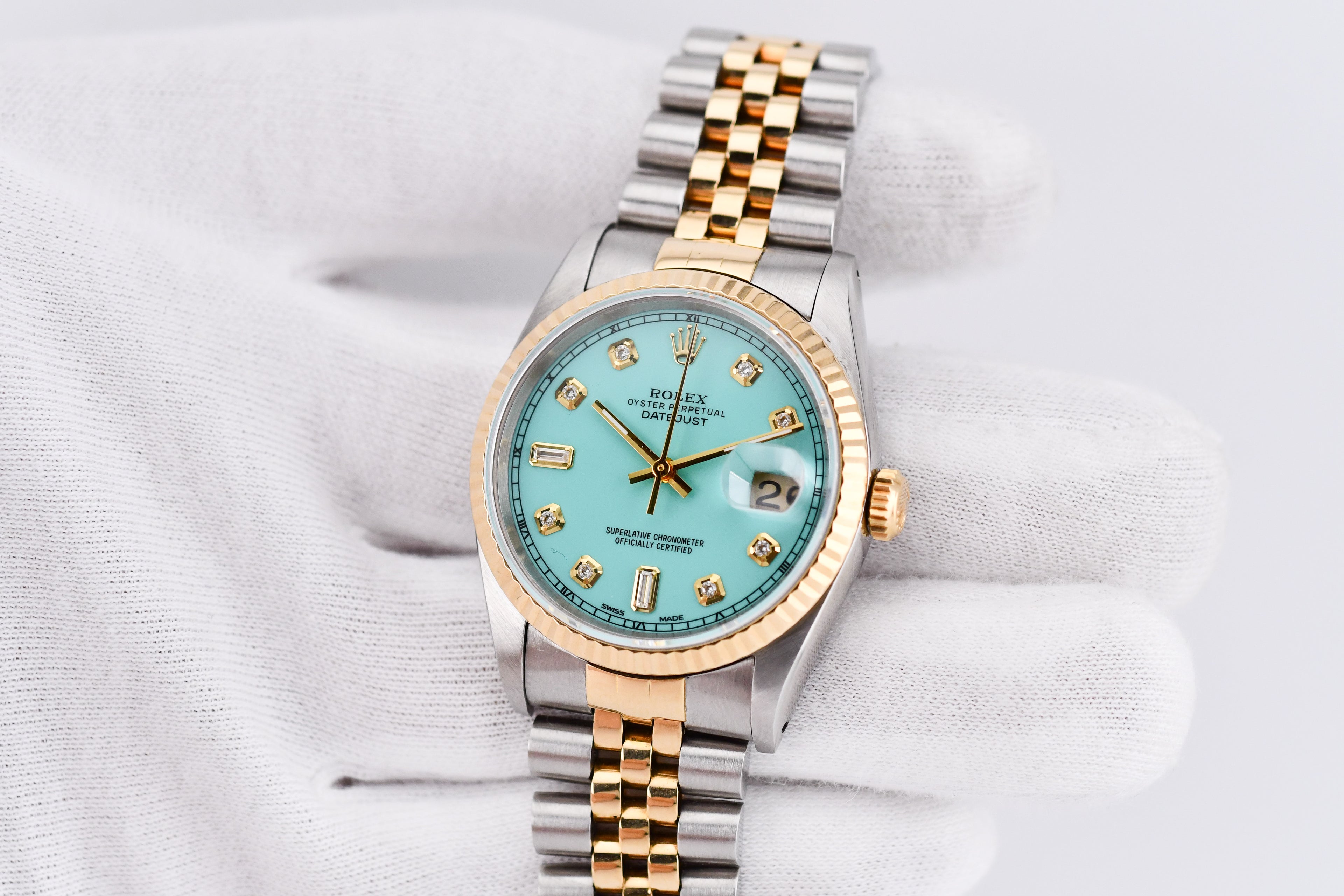 Rolex Datejust 36mm Ref 16233 Yellow Gold Bezel Custom Tiffany Baguette Diamond Dial
