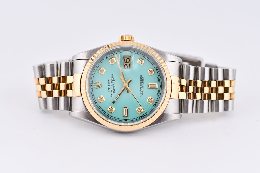 Rolex Datejust 36mm Ref 16233 Yellow Gold Bezel Custom Tiffany Baguette Diamond Dial