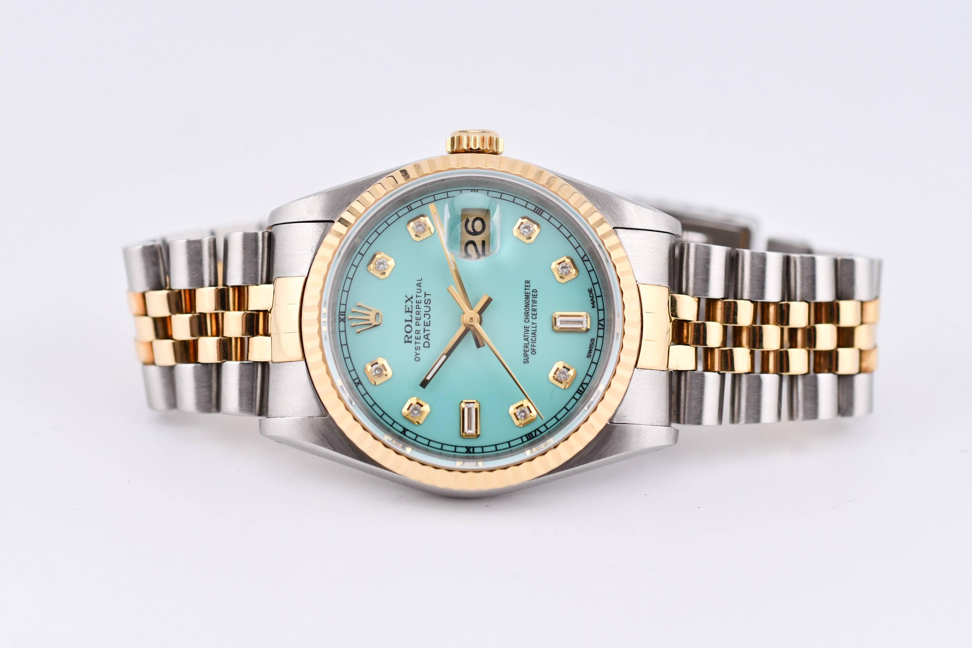 Rolex Datejust 36mm Ref 16233 Yellow Gold Bezel Custom Tiffany Baguette Diamond Dial