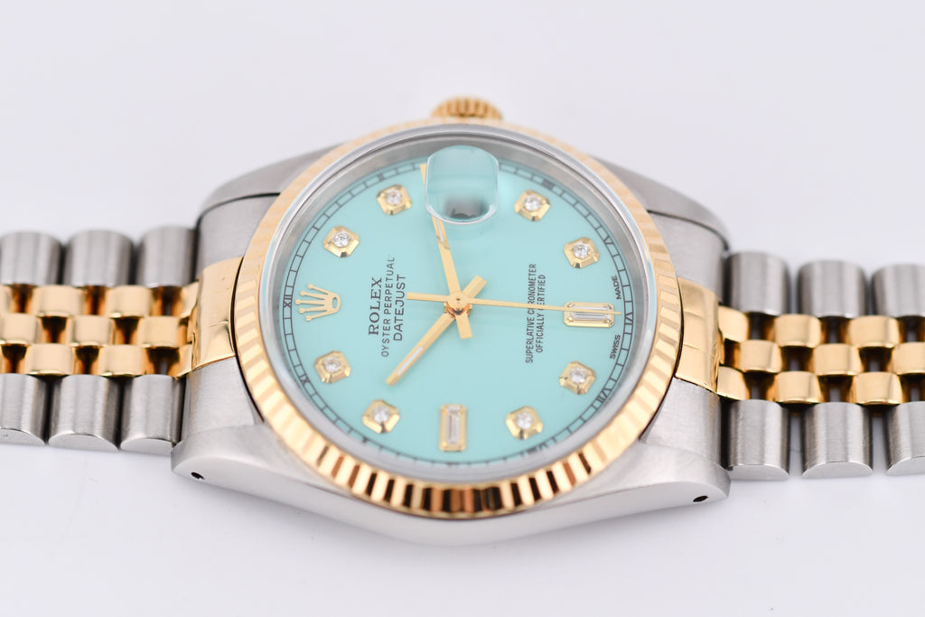 Rolex Datejust 36mm Ref 16233 Yellow Gold Bezel Custom Tiffany Baguette Diamond Dial