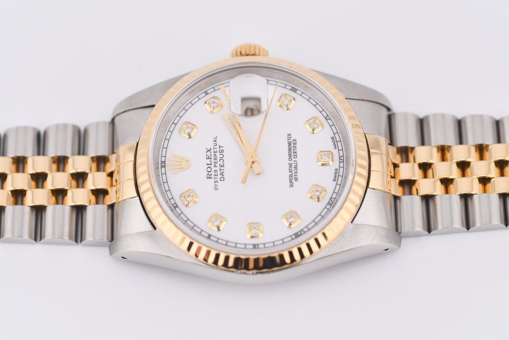 Rolex Datejust 36mm Ref 16233 Yellow Gold Bezel Custom White Diamond Dial