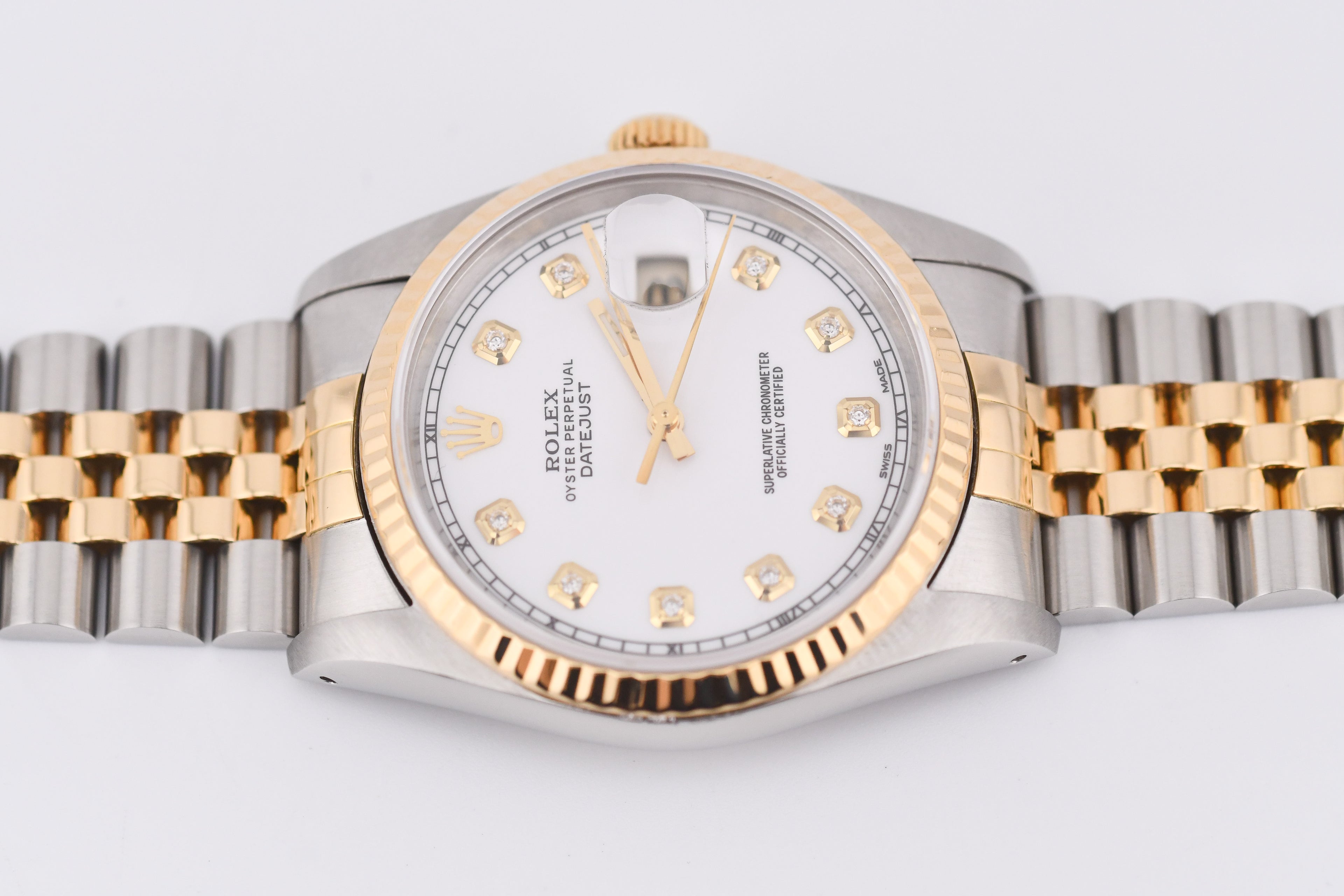 Rolex Datejust 36mm Ref 16233 Yellow Gold Bezel Custom White Diamond Dial