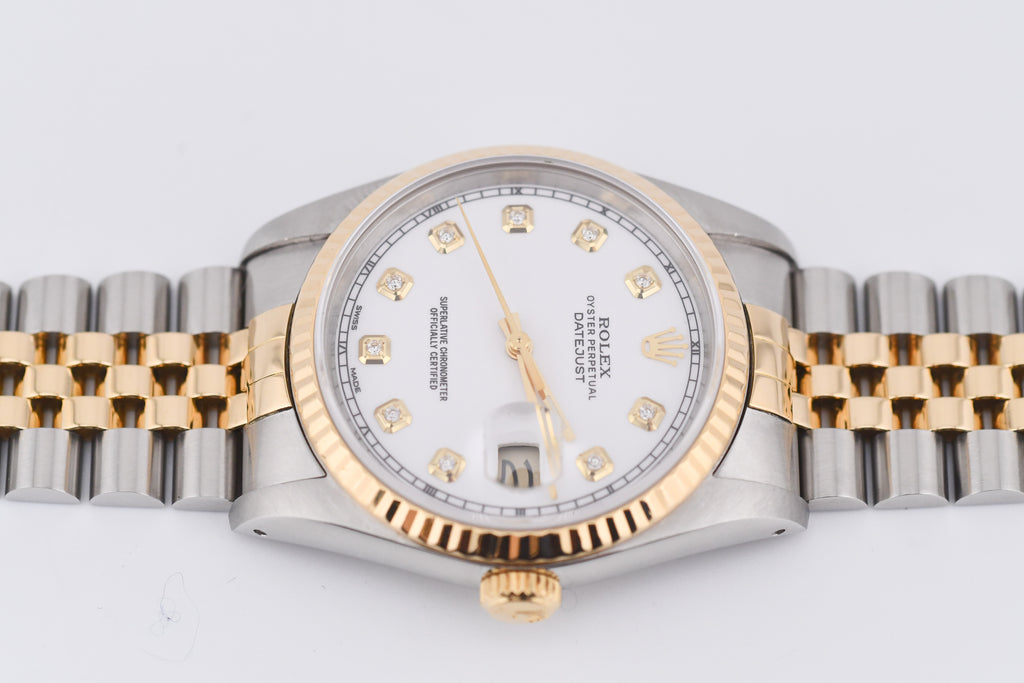 Rolex Datejust 36mm Ref 16233 Yellow Gold Bezel Custom White Diamond Dial
