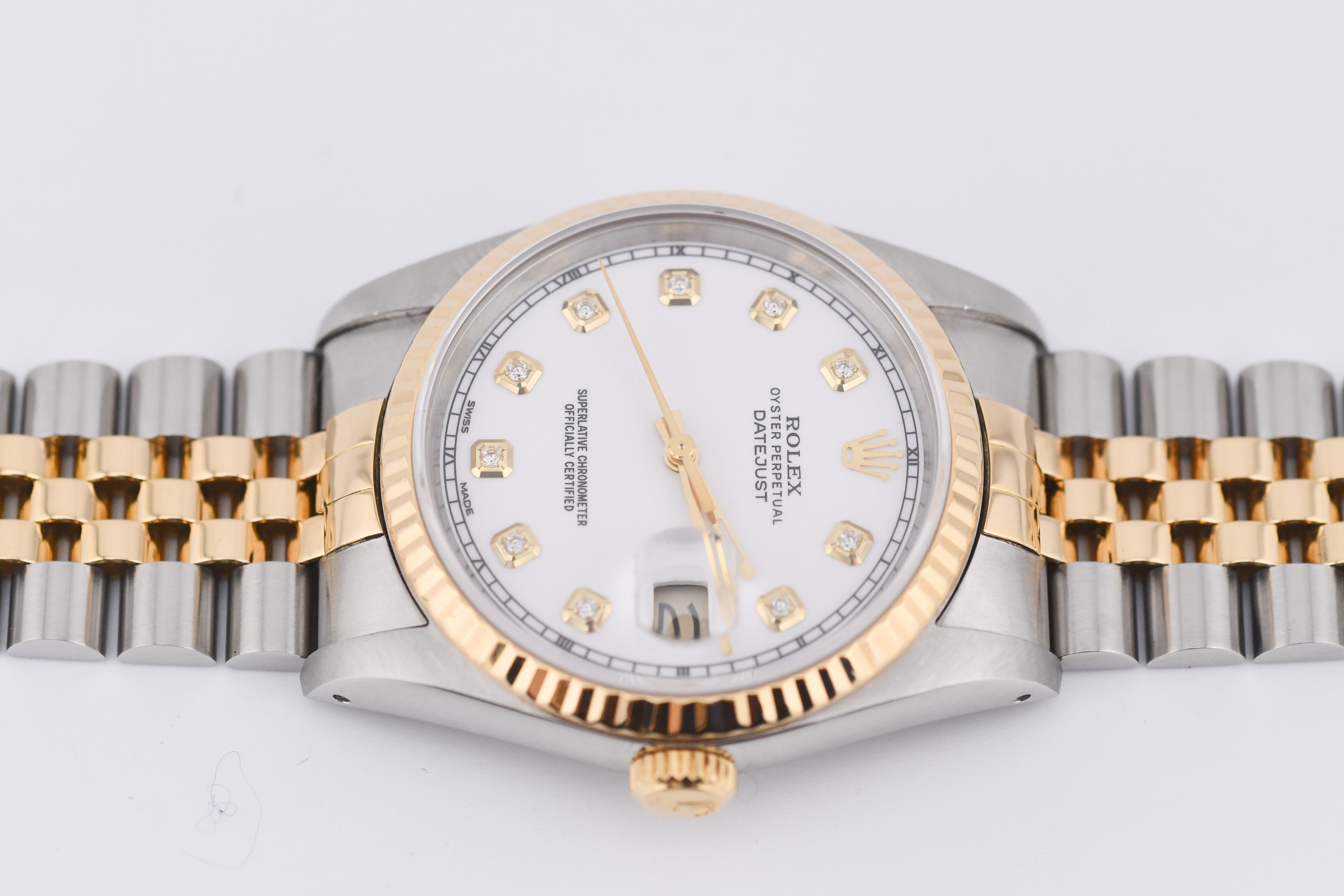 Rolex Datejust 36mm Ref 16233 Yellow Gold Bezel Custom White Diamond Dial