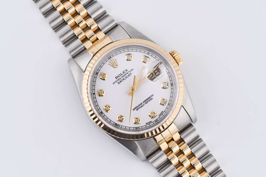 Rolex Datejust 36mm Ref 16233 Yellow Gold Bezel Custom White Diamond Dial