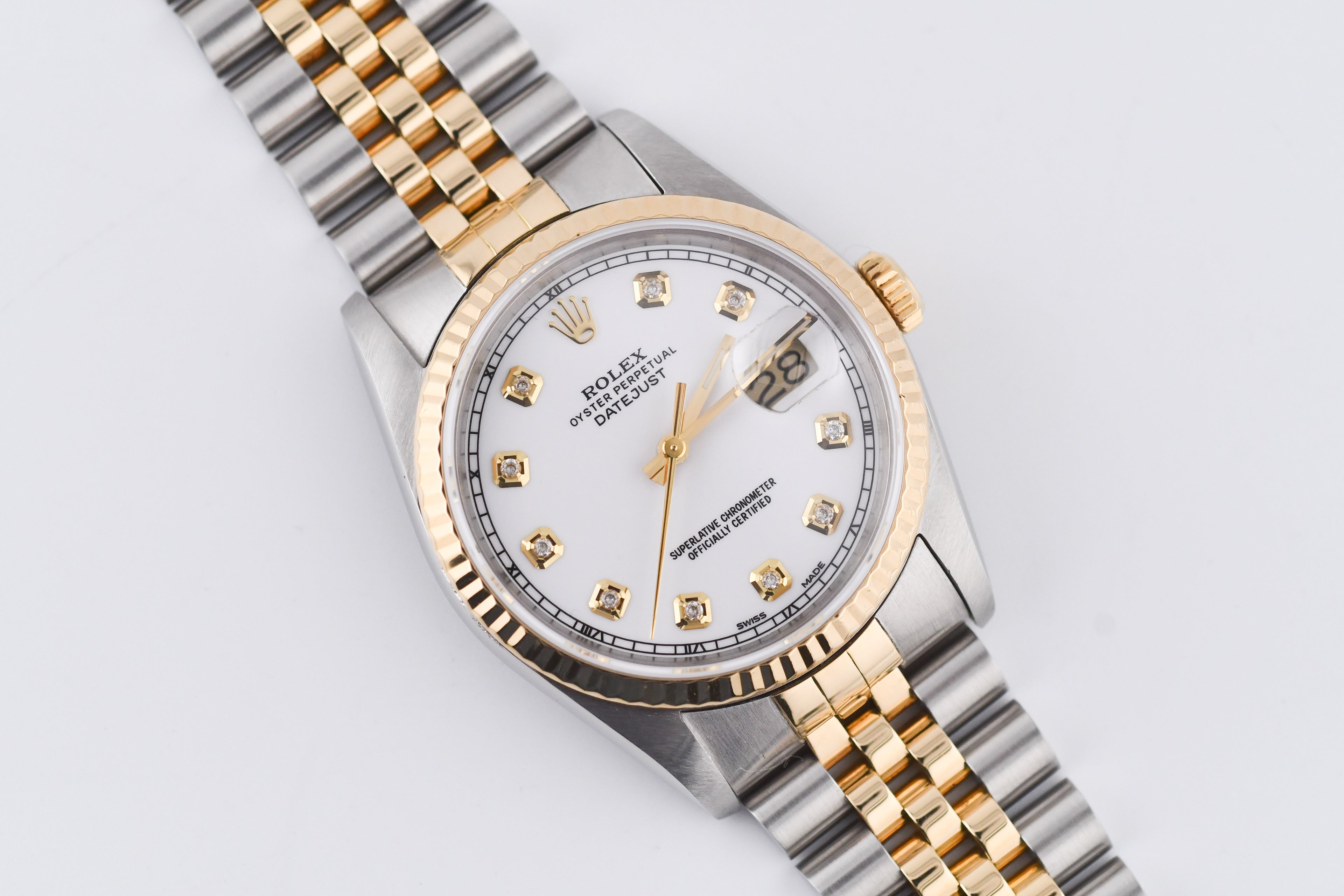 Rolex Datejust 36mm Ref 16233 Yellow Gold Bezel Custom White Diamond Dial