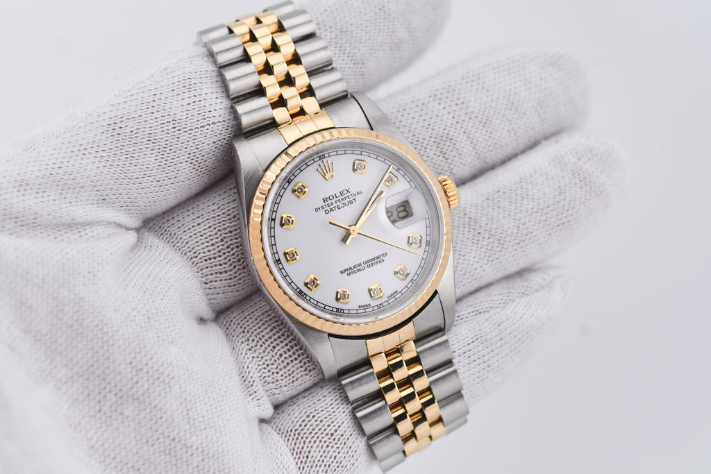 Rolex Datejust 36mm Ref 16233 Yellow Gold Bezel Custom White Diamond Dial