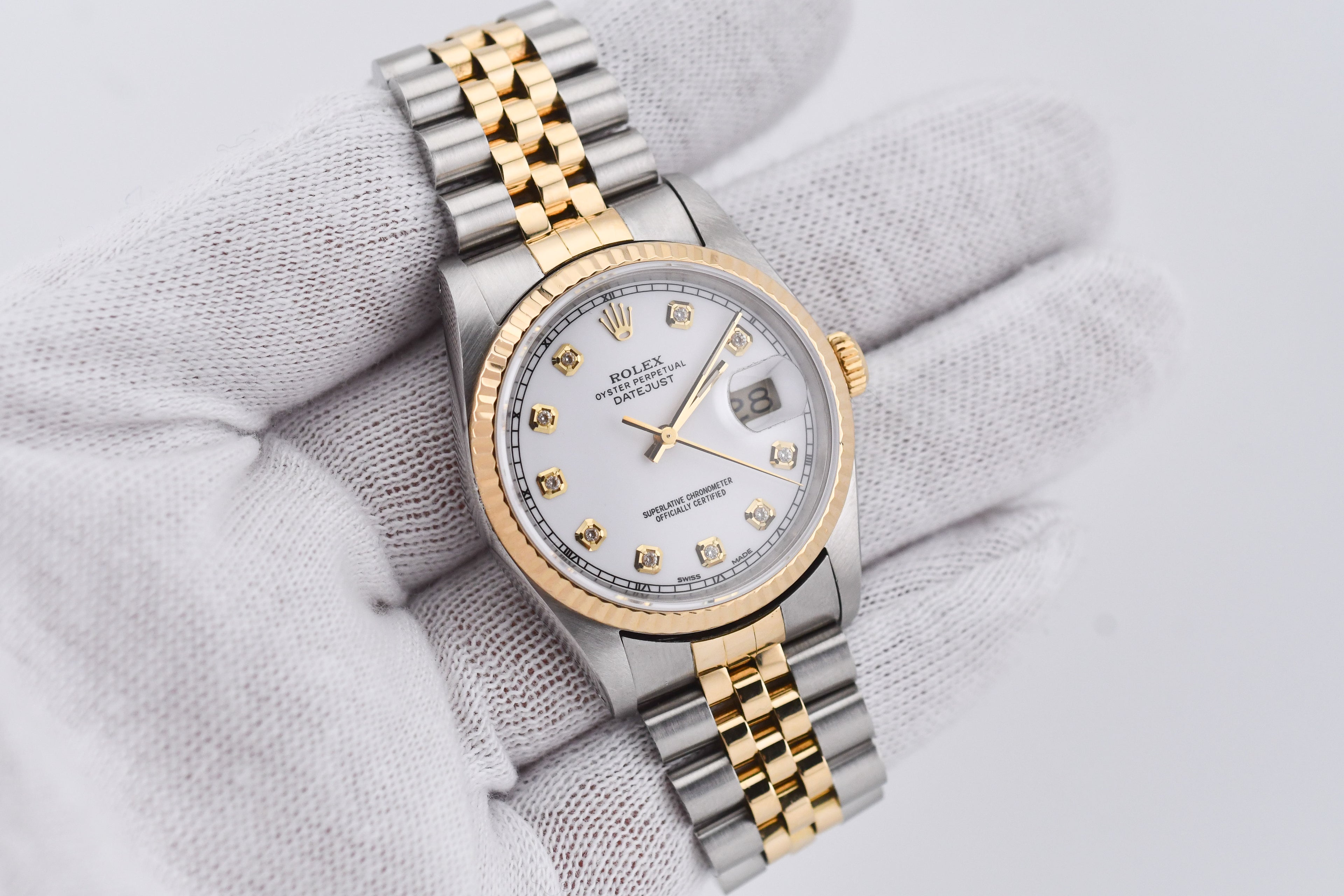Rolex Datejust 36mm Ref 16233 Yellow Gold Bezel Custom White Diamond Dial