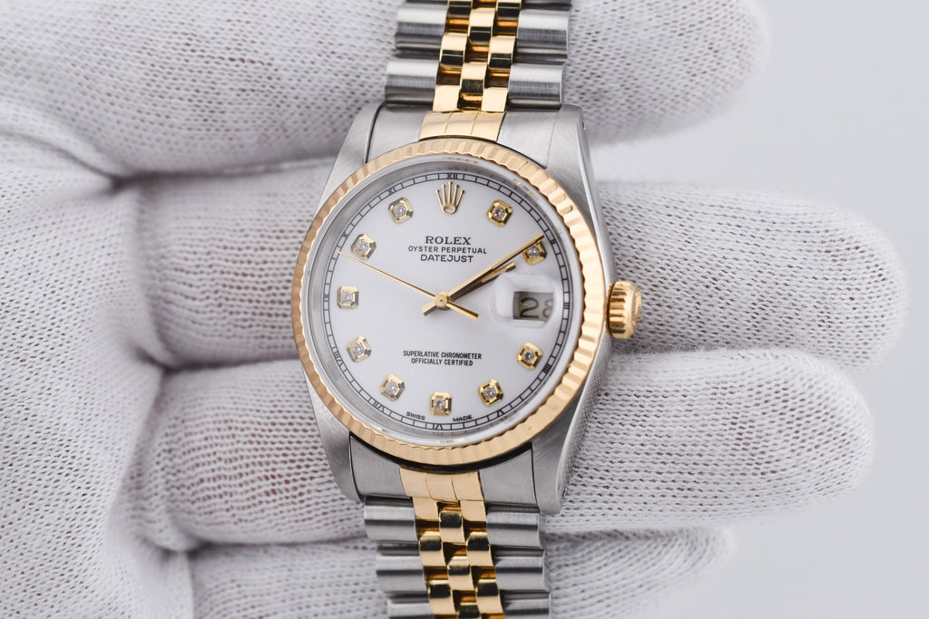 Rolex Datejust 36mm Ref 16233 Yellow Gold Bezel Custom White Diamond Dial