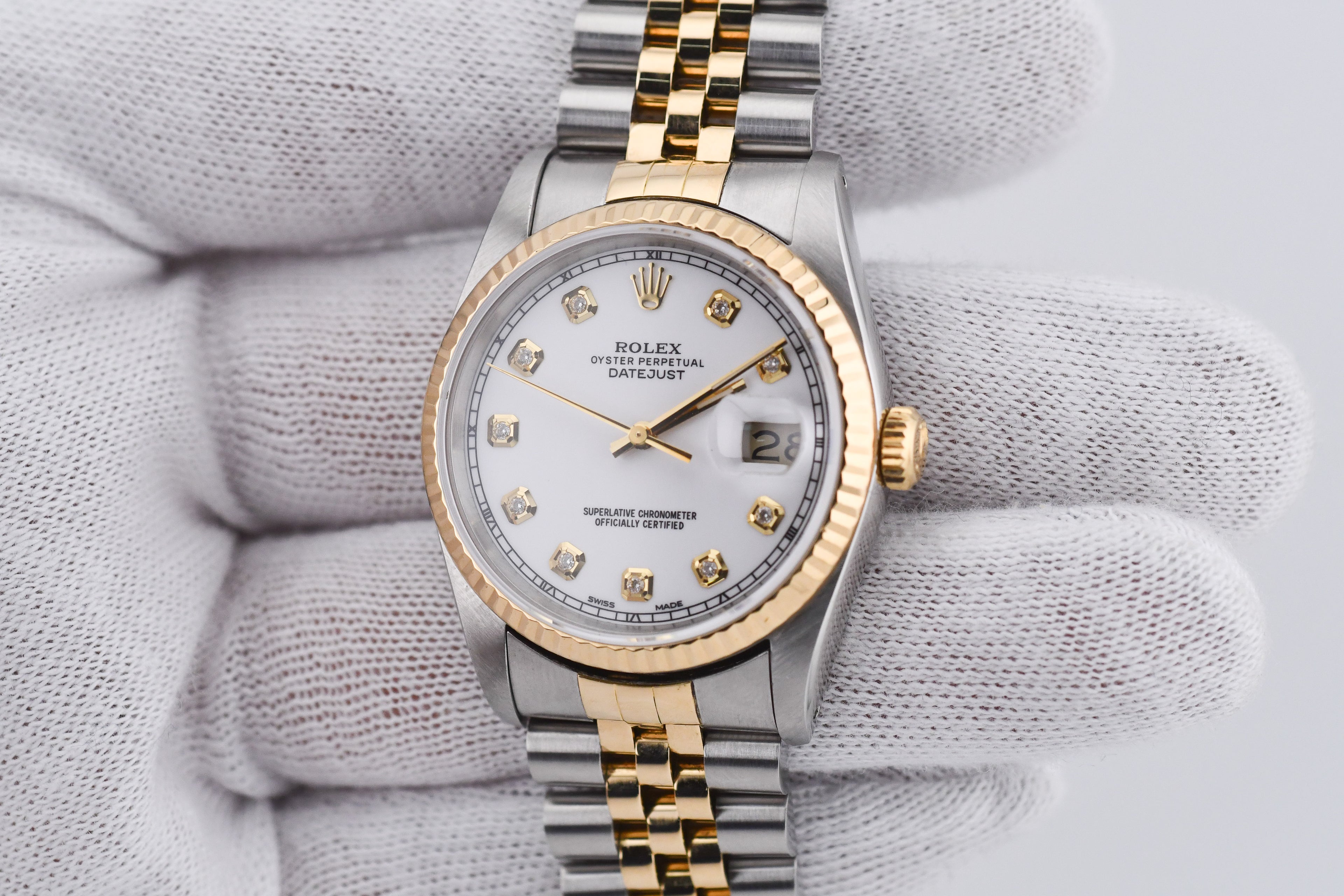 Rolex Datejust 36mm Ref 16233 Yellow Gold Bezel Custom White Diamond Dial