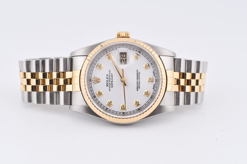 Rolex Datejust 36mm Ref 16233 Yellow Gold Bezel Custom White Diamond Dial