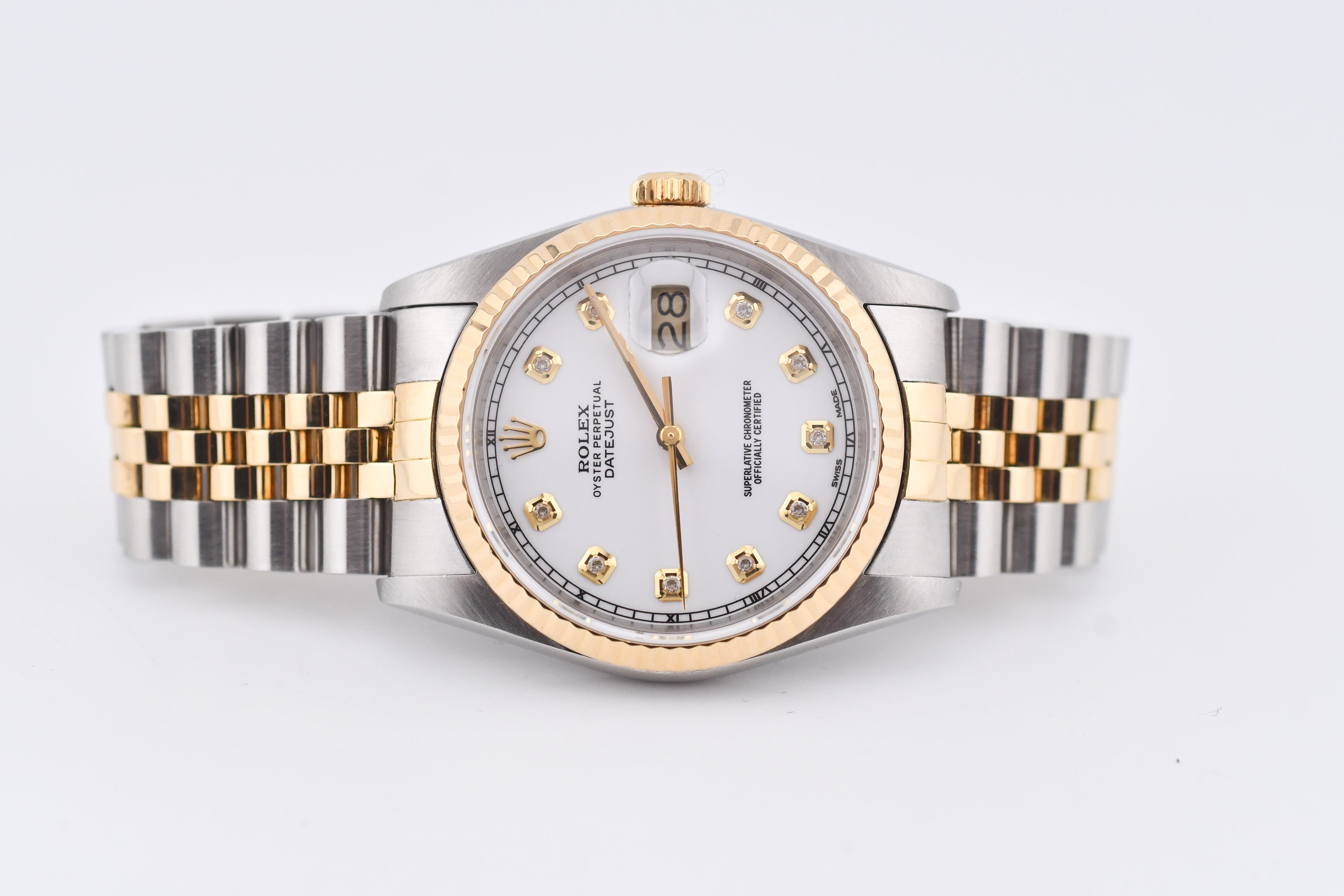 Rolex Datejust 36mm Ref 16233 Yellow Gold Bezel Custom White Diamond Dial