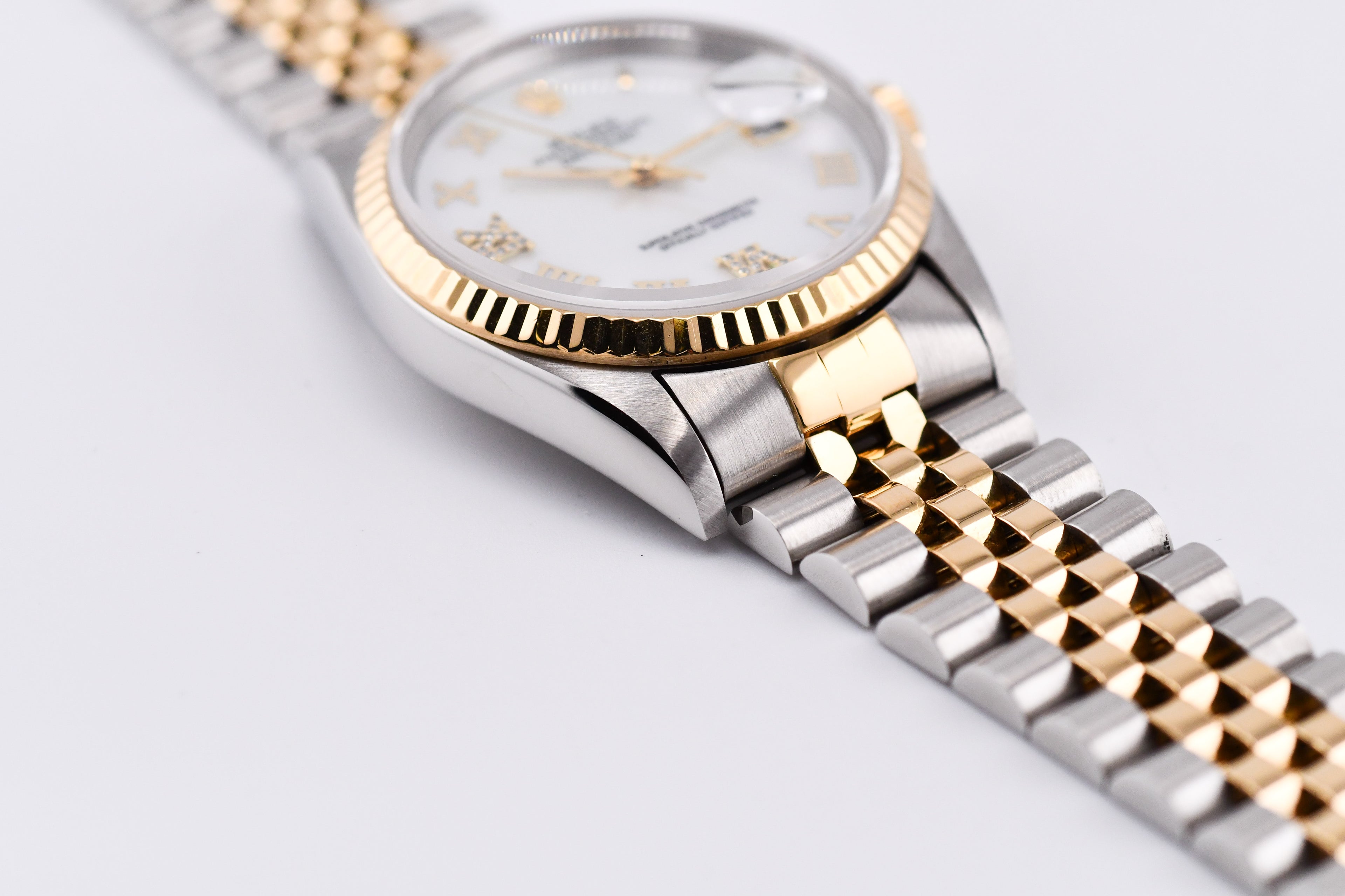 Rolex Datejust 36mm Ref 16233 Yellow Gold Bezel Custom White Mother of Pearl Diamond Dial Roman Diamond 6&9