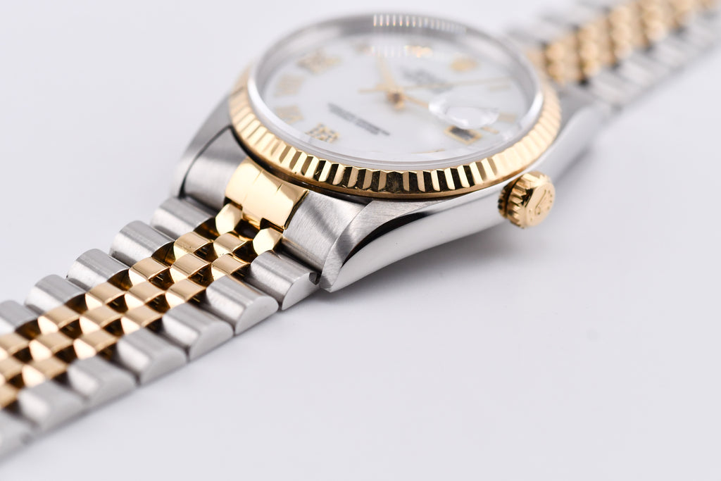 Rolex Datejust 36mm Ref 16233 Yellow Gold Bezel Custom White Mother of Pearl Diamond Dial Roman Diamond 6&9