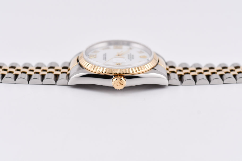 Rolex Datejust 36mm Ref 16233 Yellow Gold Bezel Custom White Mother of Pearl Diamond Dial Roman Diamond 6&9